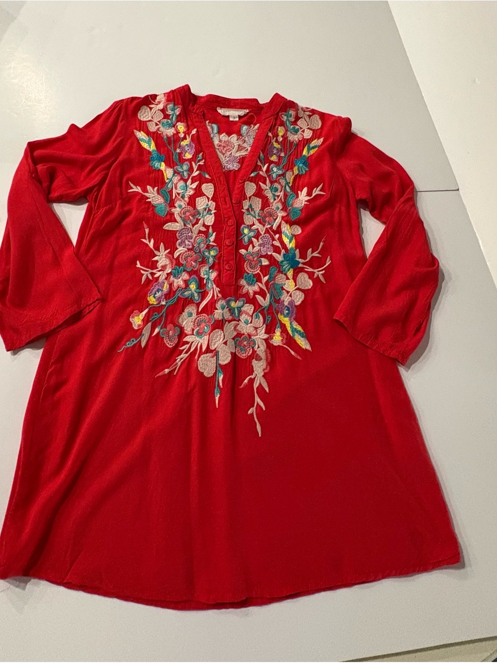 Womens Red Embroidered Floral Top with button detail and roll up sleeve w button